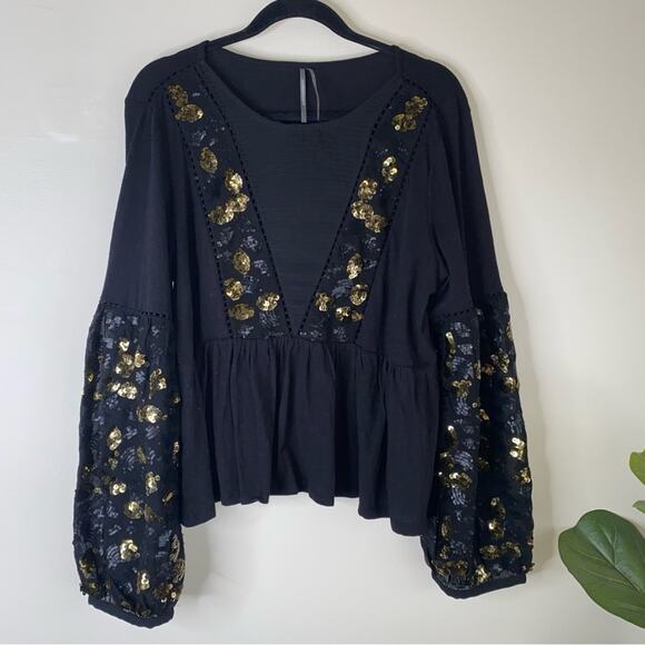 Anthropologie neale Sequin Peplum Top Extra Large puff sleeve ruffles black gold - Picture 2 of 7